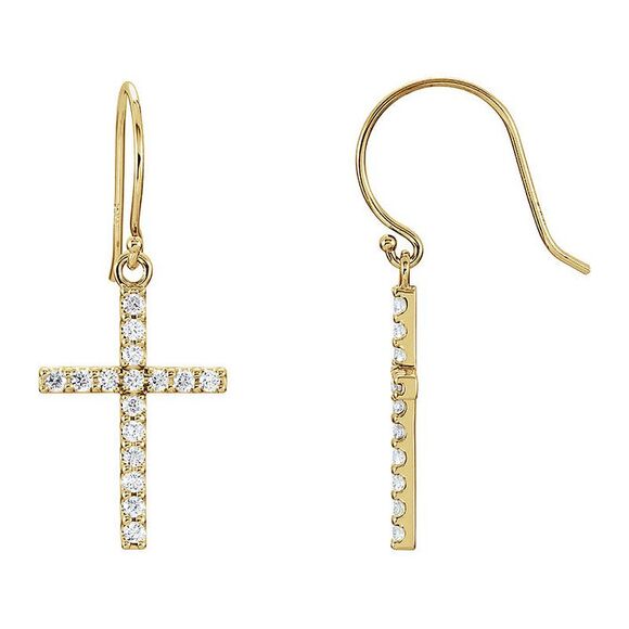 14k Yellow Gold 1/2 CTW (G-H I1) Diamond Dangle Cross Earrings